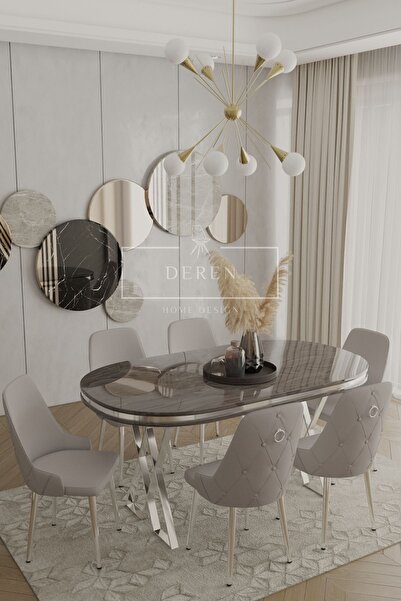 DEREN HOME Nef Serisi Lak Panel Mdf Antrasit Renk Masa 90x168 Krom Metal Ayak...