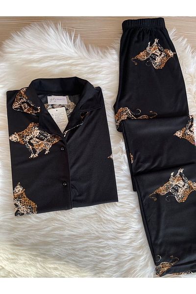 Pijamacs Set de pijamale cu mânecă lungă cu guler de cămașă leopard cu model din piele intoarsa