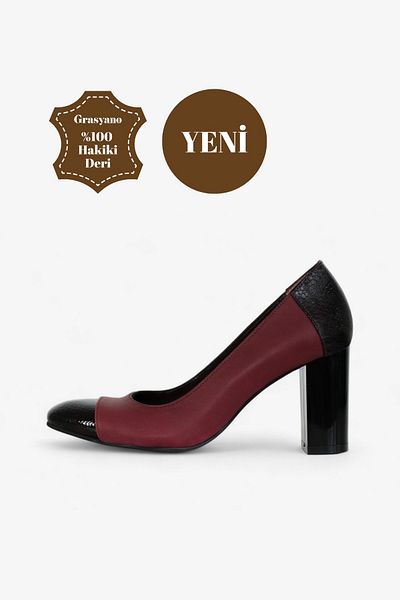 Grasyano 7.5 Cm Burgundy Snake Patterned Comfortable Genuine Leather Heeled Shoes