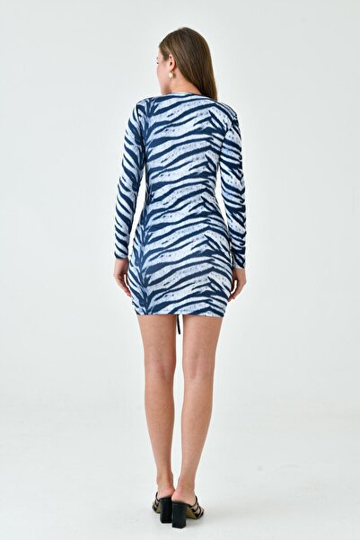 lovebox Еластична міні-сукня з V-подібним вирізом і зебраним візерунком - з довгими рукавами, збірками 066