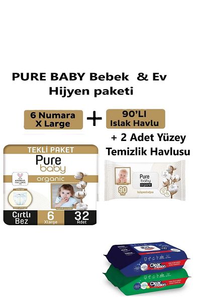 Pure Baby 15-27 kg 32 Baby Diapers and 90 Wet Wipes - 2 Pack Surface Cleaning Wipes