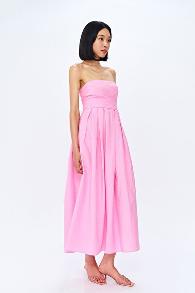 Quzu Straplez Pile Detaylı Uzun Elbise Pembe