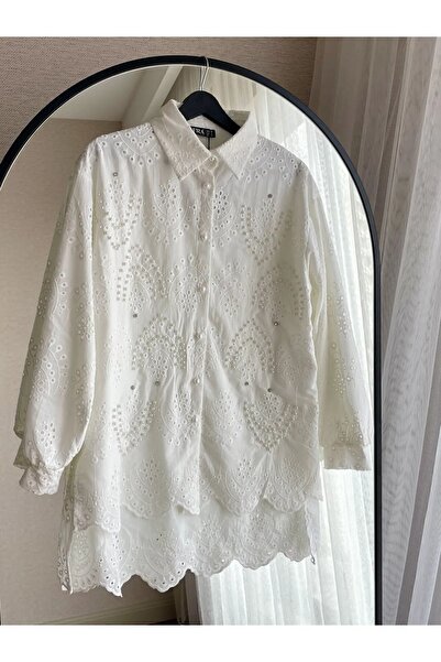 Afra Lıne HENZA Pearl Brode Scallop πουκάμισο τουνίκ