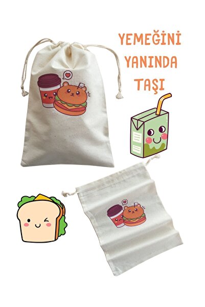Outlet Çarşım Yemek Sandwich Kesesi Çanta İçi Organizer Ham Bez Kawaii Baskıl...