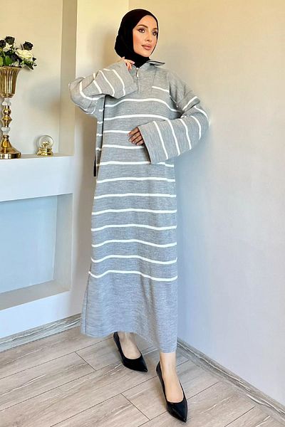 julude Hijab Knitwear Φόρεμα - Γκρι, Ριγέ, Μπροστινό Φερμουάρ