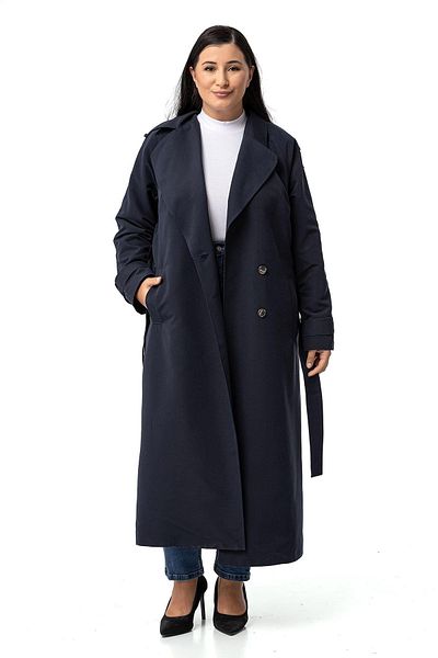 DISENTIS MODEST Navy Blue Long Trench Coat - Plus Size, Mono Collar, Double Breasted Closure and Slit Lining