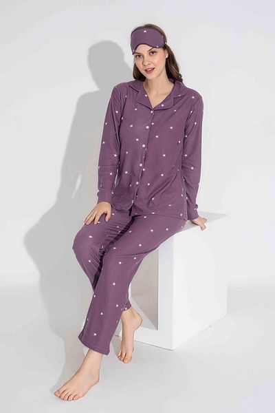 Tarık Women's Star Patterned Front Buttoned Mother Girl Combination Suede Velvet Winter Warm Pajamas Set