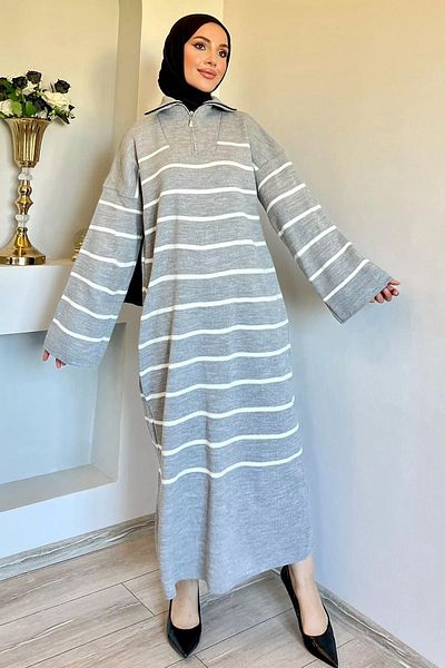 julude Hijab Knitwear Φόρεμα - Γκρι, Ριγέ, Μπροστινό Φερμουάρ