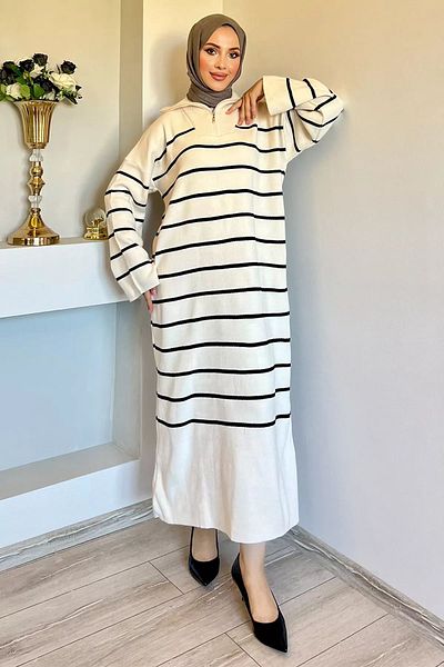 julude Hijab Knitwear Φόρεμα - Κρεμ, Ριγέ, Μπροστινό Φερμουάρ