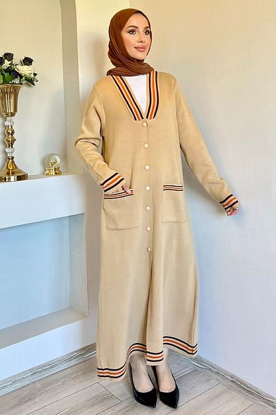 julude Γυναικεία ριγέ Hijab Knitwear Cardigan - Λεπτομέρεια γιακά και μανίκι