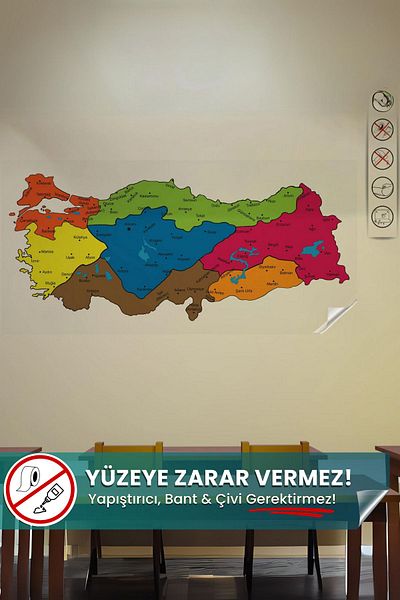 Pi Papers Turkey Region Map, Colorful Map, No Harm to the Surface Adhesive-Free Magic Smart Paper