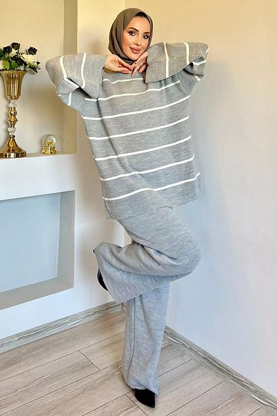julude Γκρι Πλεκτά Παντελόνια Hijab και Πουλόβερ Σετ δύο τεμαχίων