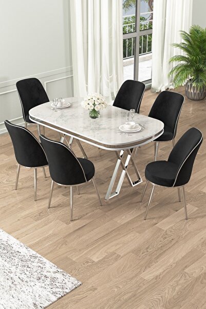 Canisa Lai Serisi 90x168 Lak Panel Beyaz Mermer Desen Krom Ayak Masa Takımı 6 Siyah Sandalye