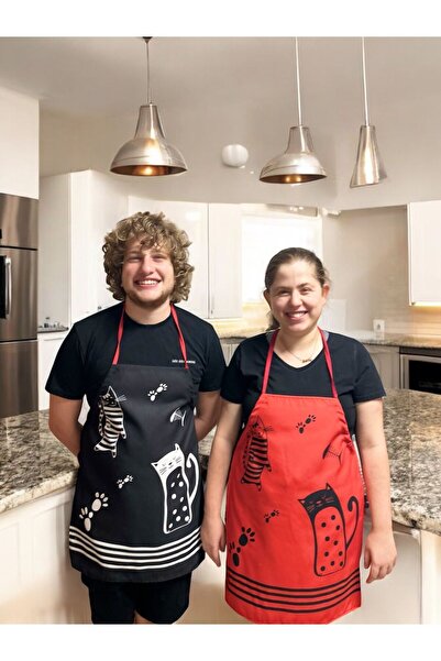 KEDİ Set of 2 - Cat with Couple Apron and Pajama Detail, Stain Resistant