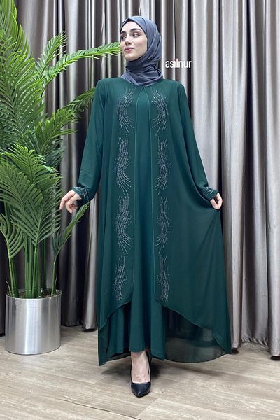 ASİLNUR Φόρεμα Emerald Green Love Chiffon με λεπτομέρεια από πέτρα