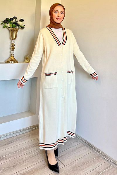 julude Cardigan de damă cu dungi crem Hijab - Detaliat guler și mâneci