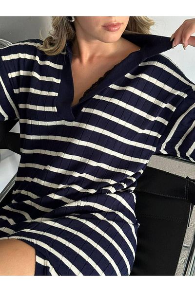Lusin Rochie de tricot sezonieră Seemless subțire cu mânecă lungă pentru femei - bleumarin