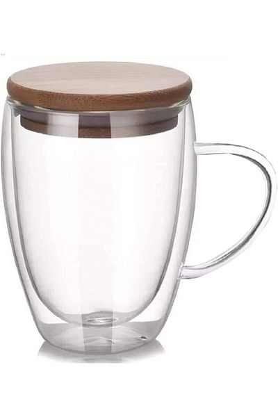 MIBRU Coffee glass vaccum wood lid mug 370ml