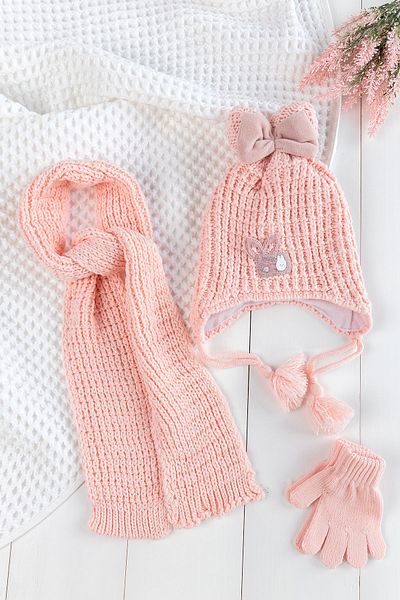 Babymod Set fundite fetita 1-4 ani - esarfa somon, manusi beanie