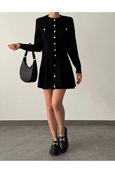 Abalı طقم تنورة وسترة تريكو ذهبية بطيات - موديل جديد Aliya