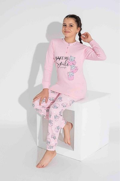 Tarık Pink Cat Patterned Cotton Girl's Pajama Set - Half Buttoned, Long Sleeve