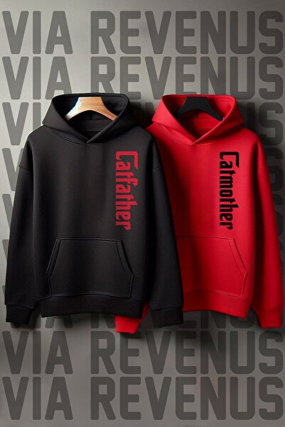 Vordevia Комплект от прекалено големи суичъри с принт CatFather CatMother за ...