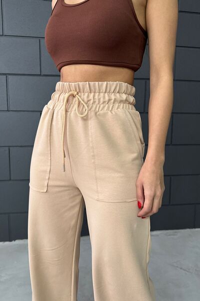 Sun Victoria Γυναικεία κρεμ φούτερ με δύο κλωστές με ελαστική τσέπη με λεπτομέρεια φαρδιά πόδι