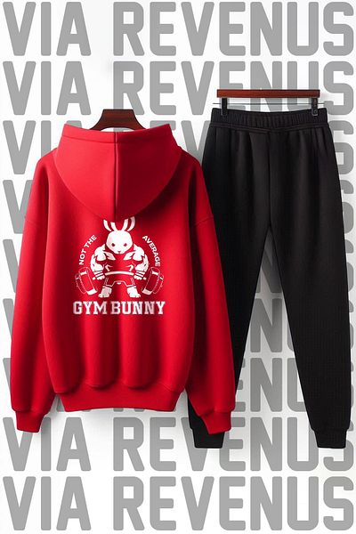 Vordevia Unisex Gym Bunny Printed - Wide Fit Soft Hooded Tracksuit Set