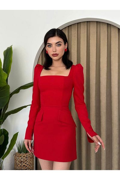 Afiş Butik Red Square Neck Long Sleeve Dress