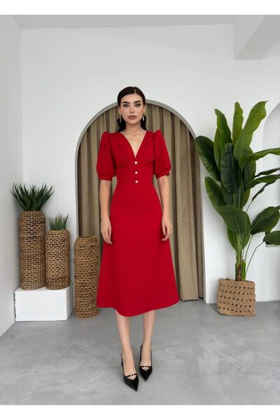 Afiş Butik V-Neck Balloon Sleeve Red Pearl Button Dress