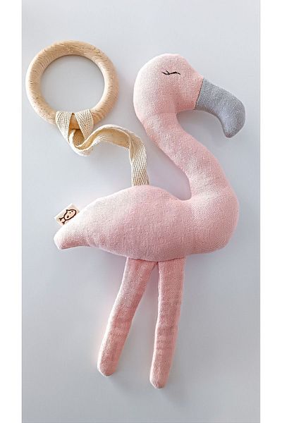 O&G Collection Flamingo 100% Cotton Organic 4 Layer Multi Muslin Wooden Teether Toy / Baby Room Decor