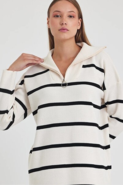 AYASOFYA OTANTIK Біла трикотажна туніка в смужку - жіноча, на блискавці