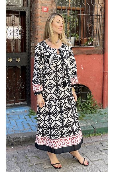 Natavan Rochie lungă alb-negru cu model - Jalabiya