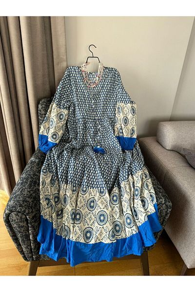 Natavan Rochie lungă albastră cu model - Jalabiya cu detaliu ciucuri