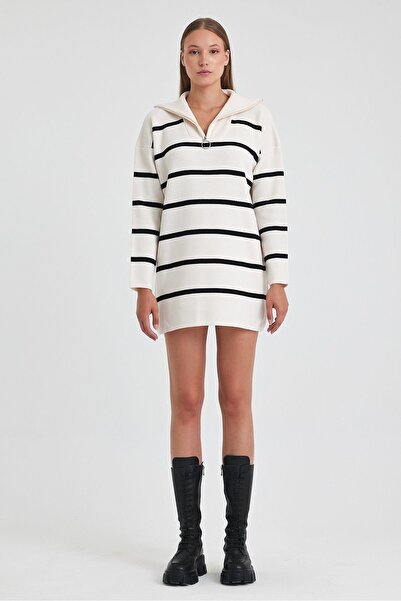 AYASOFYA OTANTIK Біла трикотажна туніка в смужку - жіноча, на блискавці