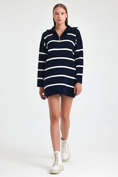 AYASOFYA OTANTIK Navy Blue Striped Zippered Women's Knitwear Tunic