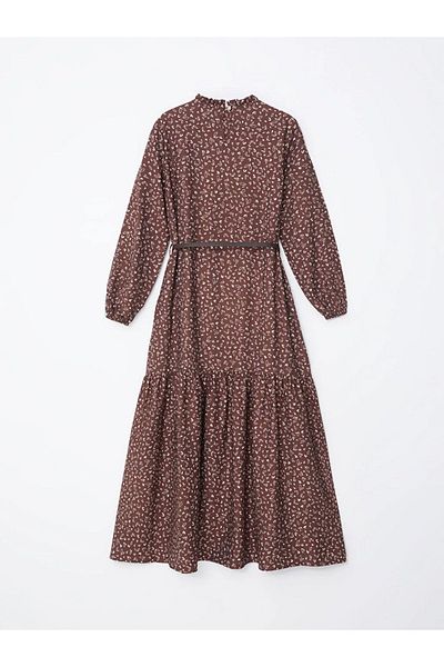 LC Waikiki Lcw Modest - Women's Brown Print Dress, Stand Collar and Belt