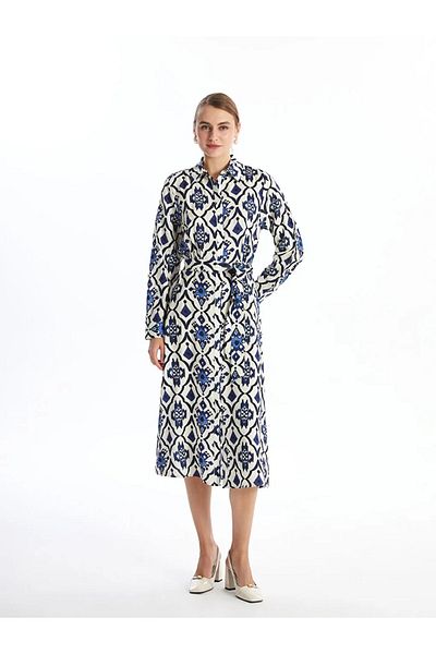LC Waikiki Lcwaikiki Classic Blue Printed Pattern Long Sleeve Women Shirt Dress