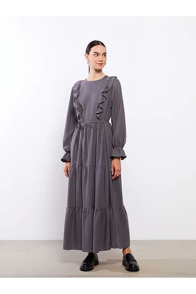 LC Waikiki Lcw Modest - Dark Grey, Crew Neck, Women's Long Sleeve Dress