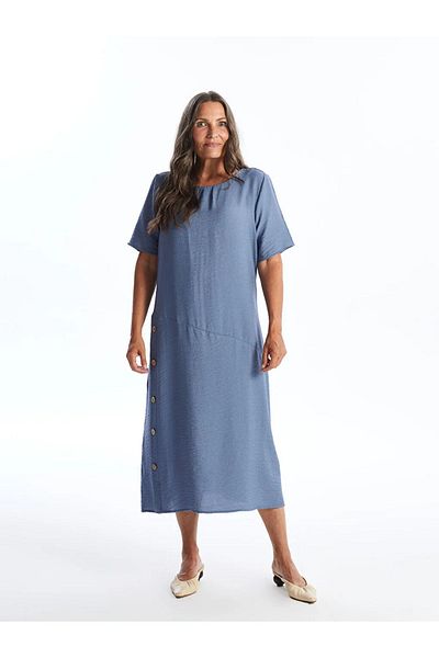LC Waikiki Lcw Grace Medium Blue Bicycle Collar Solid Short Sleeve Dress for Women