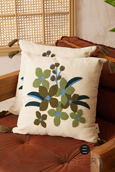 Ersperto وسادة رمي مزخرفة بالزهور من الكتان - غطاء وسادة قطعة واحدة مقاس 43 ×...