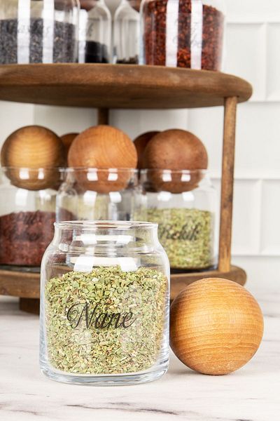 DNS HOME 10-Piece Dark Wooden Spinning Stand with Wooden Ball Lid and Labeled Glass Spice Jar Storage Jar 300ml