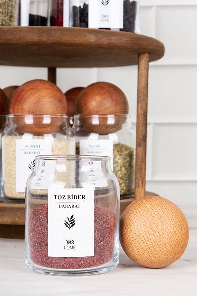 DNS HOME 10-Piece Dark Wooden Spinning Stand with Wooden Ball Lid and Labeled Glass Spice Jar Storage Jar 300ml