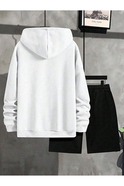 aynewmoda los angeles california μπροστινό εμπριμέ με κουκούλα oversize λευκό φούτερ και μαύρο σορτς κάτω μέρος