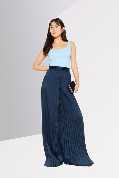 Michael Kors بنطلون Palazzo مطوي بقصّة عادية للنساء، أزرق داكن
