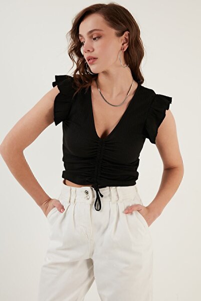 Lela Büzgü Detaylı Kolları Fırfırlı Dar Kesim Crop Bluz 5865015