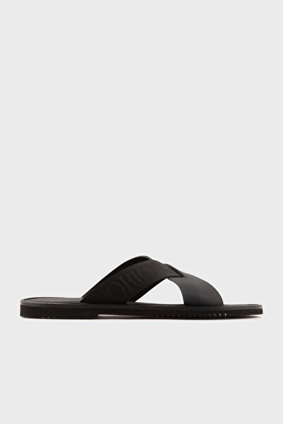 Emporio Armani Logolu Çapraz Bantlı Deri Terlik Erkek TERLİK X4P124 XN787 K001