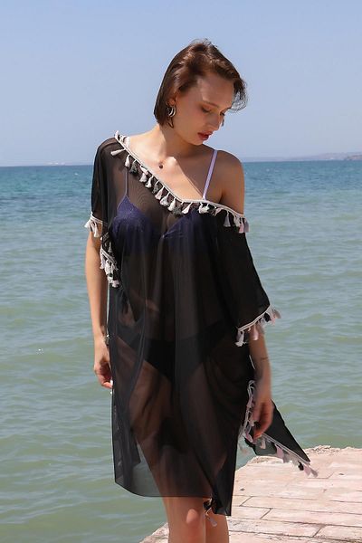 Akbeniz Μόδα γραμμή γυναικεία φούντα τουνίκ Pareo Beach Φόρεμα Μαύρο 38047