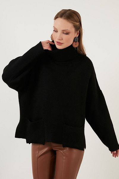 Lela Loose Pullover Sweater with Slits on the Sides, Turtleneck Collar and Pockets 63622553