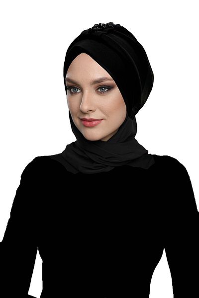 fidan bone Βραδινό καπό φόρεμα Hijab με κρύσταλλο κασκόλ με επένδυση μαύρου έτοιμου τουρμπάνι